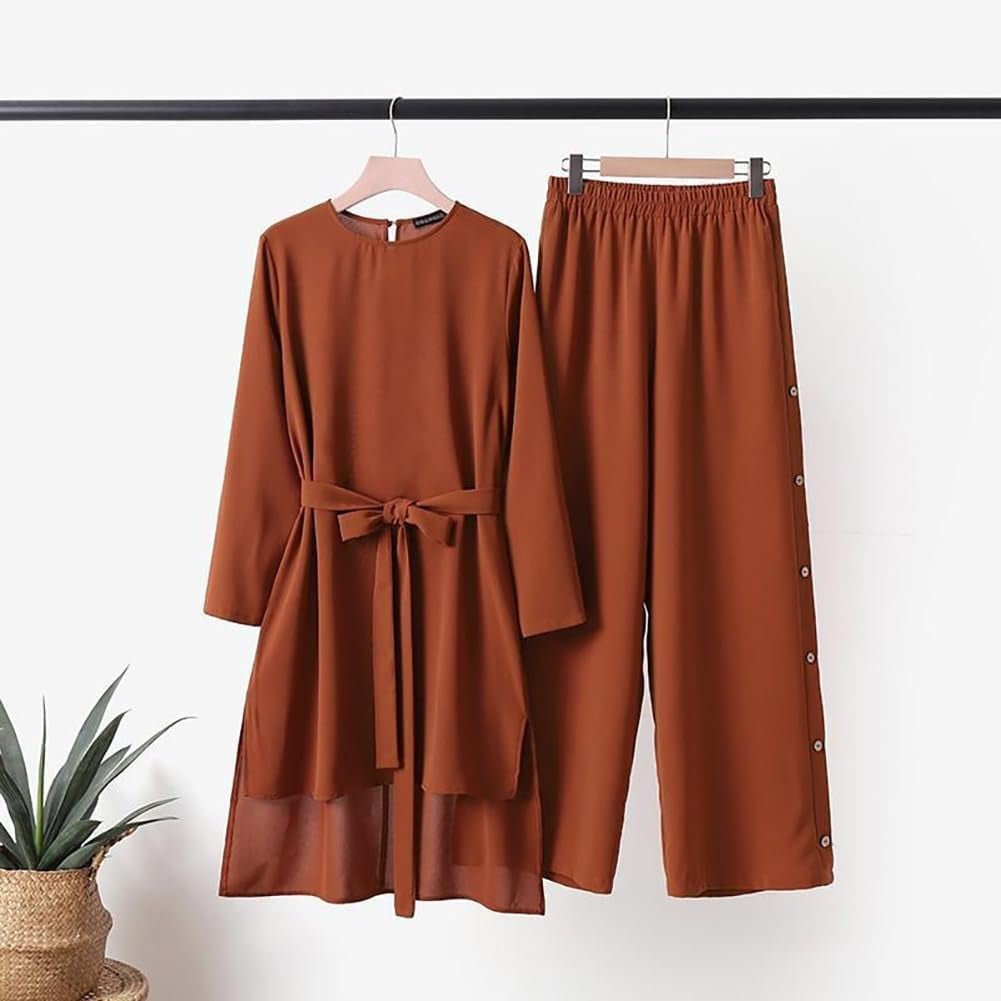 Abayas Dress for Women Muslim Long Sleeve Loose Top Pants 2 Pcs Dubai Islamic Muslim Women Matching Sets - WORLD TIME VISITS