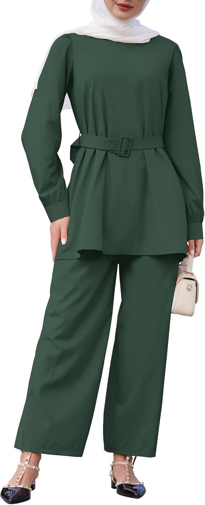 Abayas for Women Muslim 2 Pieces Set Long Sleeve Loose Top Pants Eid Ramadan Dubai Islamic Muslim Clothes with Belt - WORLD TIME VISITS