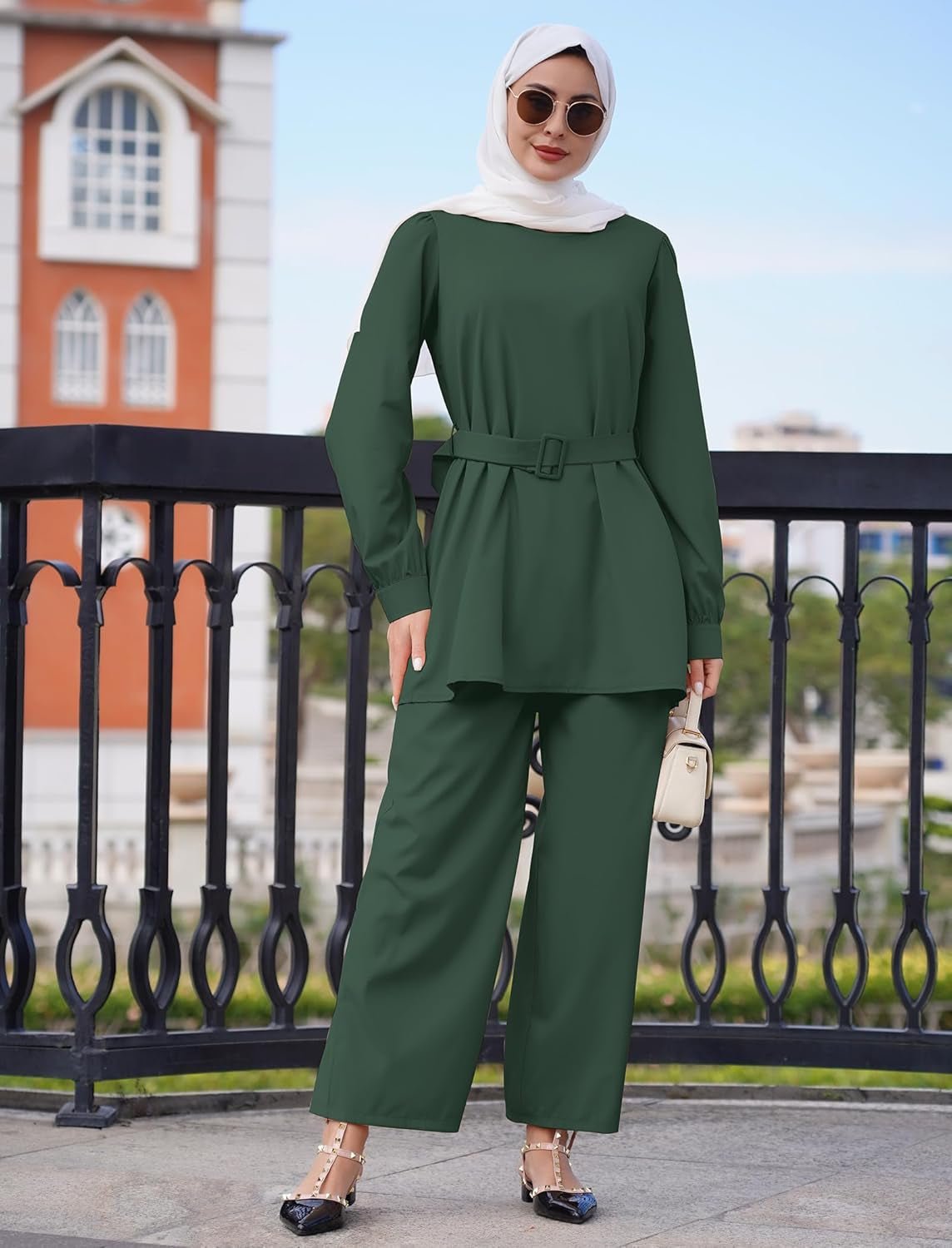 Abayas for Women Muslim 2 Pieces Set Long Sleeve Loose Top Pants Eid Ramadan Dubai Islamic Muslim Clothes with Belt - WORLD TIME VISITS
