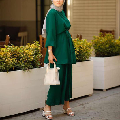 Abayas for Women Muslim Long Sleeve Loose Top Pants 2 Pcs Dubai Islamic Muslim Clothes