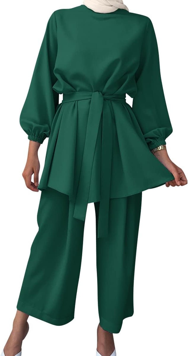 Abayas for Women Muslim Long Sleeve Loose Top Pants 2 Pcs Dubai Islamic Muslim Clothes - WORLD TIME VISITS