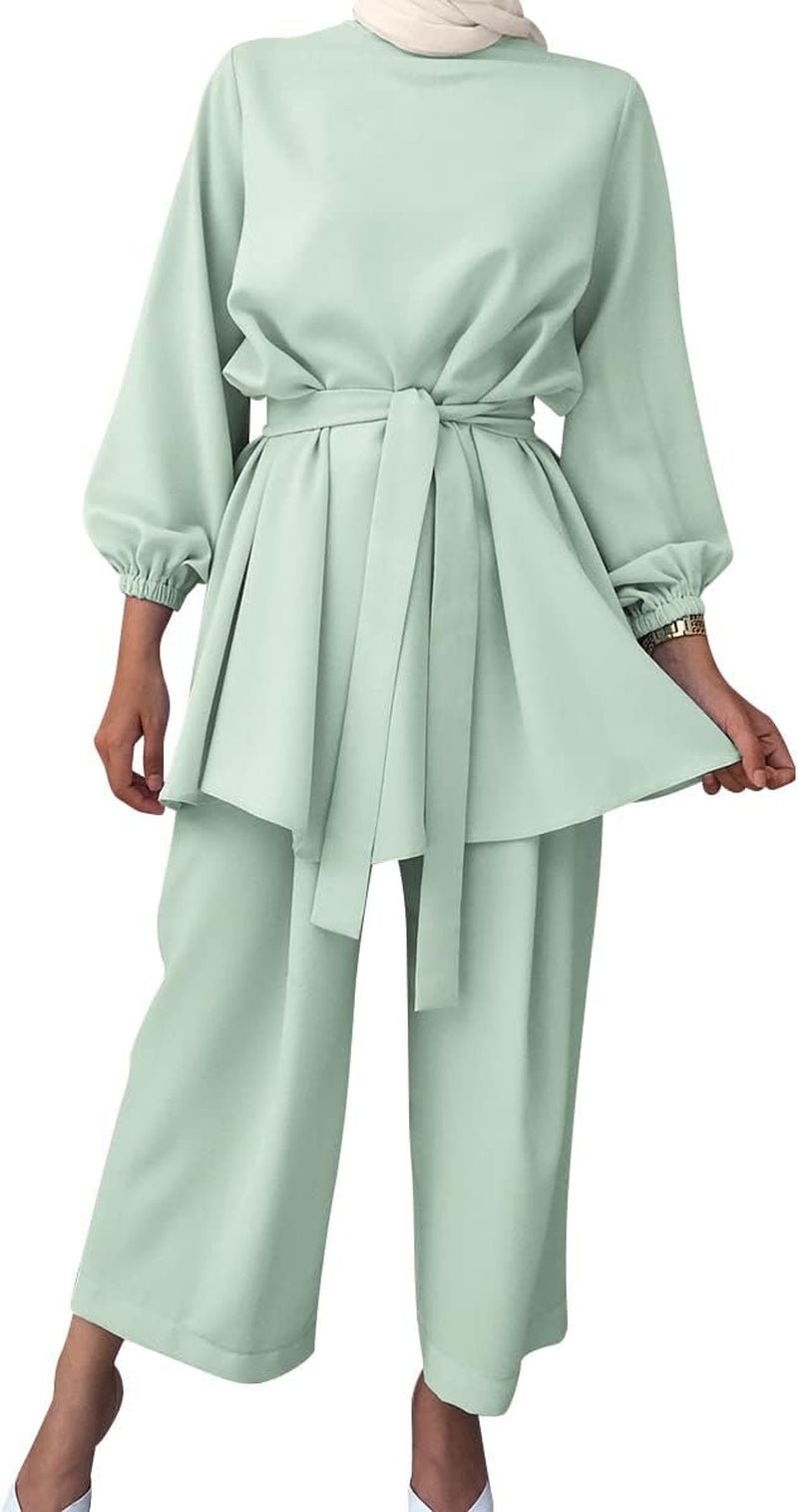 Abayas for Women Muslim Long Sleeve Loose Top Pants 2 Pcs Dubai Islamic Muslim Clothes - WORLD TIME VISITS