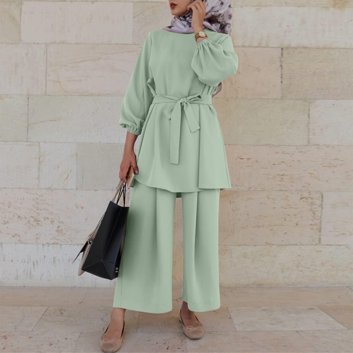 Abayas for Women Muslim Long Sleeve Loose Top Pants 2 Pcs Dubai Islamic Muslim Clothes