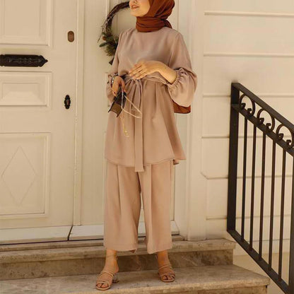 Abayas for Women Muslim Long Sleeve Loose Top Pants 2 Pcs Dubai Islamic Muslim Clothes