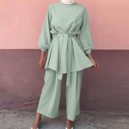 Abayas for Women Muslim Long Sleeve Loose Top Pants 2 Pcs Dubai Islamic Muslim Clothes