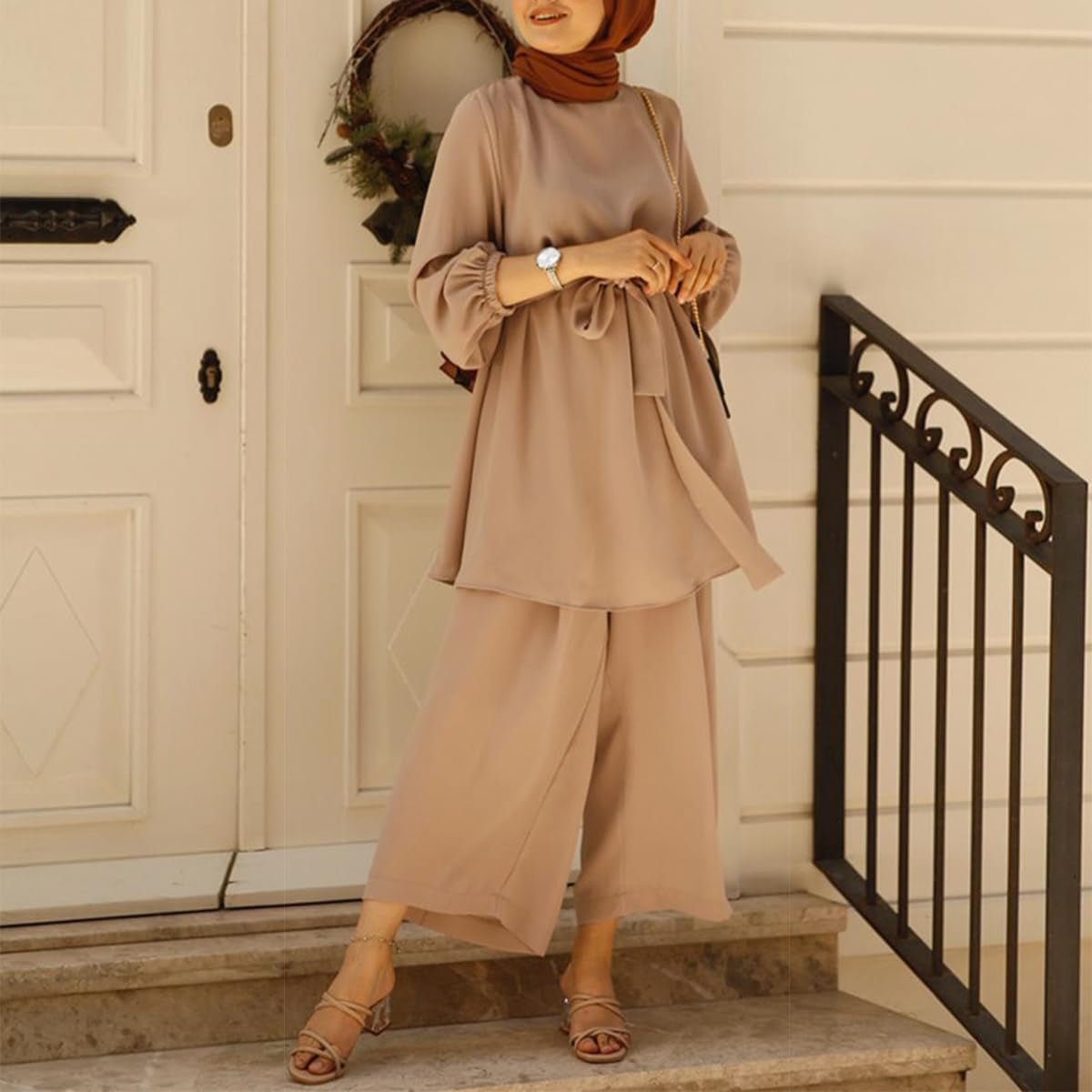 Abayas for Women Muslim Long Sleeve Loose Top Pants 2 Pcs Dubai Islamic Muslim Clothes