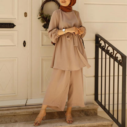 Abayas for Women Muslim Long Sleeve Loose Top Pants 2 Pcs Dubai Islamic Muslim Clothes