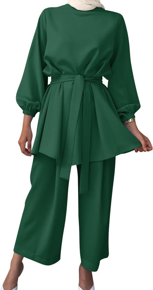 Abayas for Women Muslim Long Sleeve Loose Top Pants 2 Pcs Eid Ramadan Outfits Casual Islamic Muslim Clothes with Belt - WORLD TIME VISITS