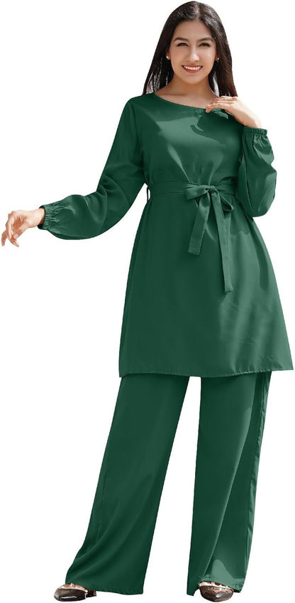 Abayas for Women Muslim Long Sleeve Loose Top Pants 2 Pcs Eid Ramadan Outfits Casual Islamic Muslim Clothes with Belt