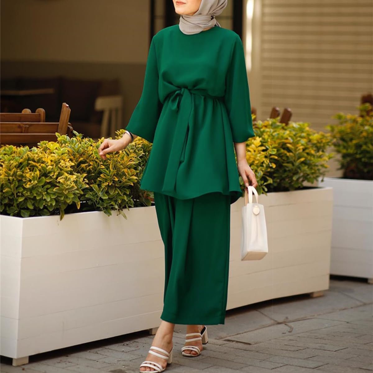 Abayas for Women Muslim Long Sleeve Loose Top Pants 2 Pcs Eid Ramadan Outfits Casual Islamic Muslim Clothes with Belt - WORLD TIME VISITS