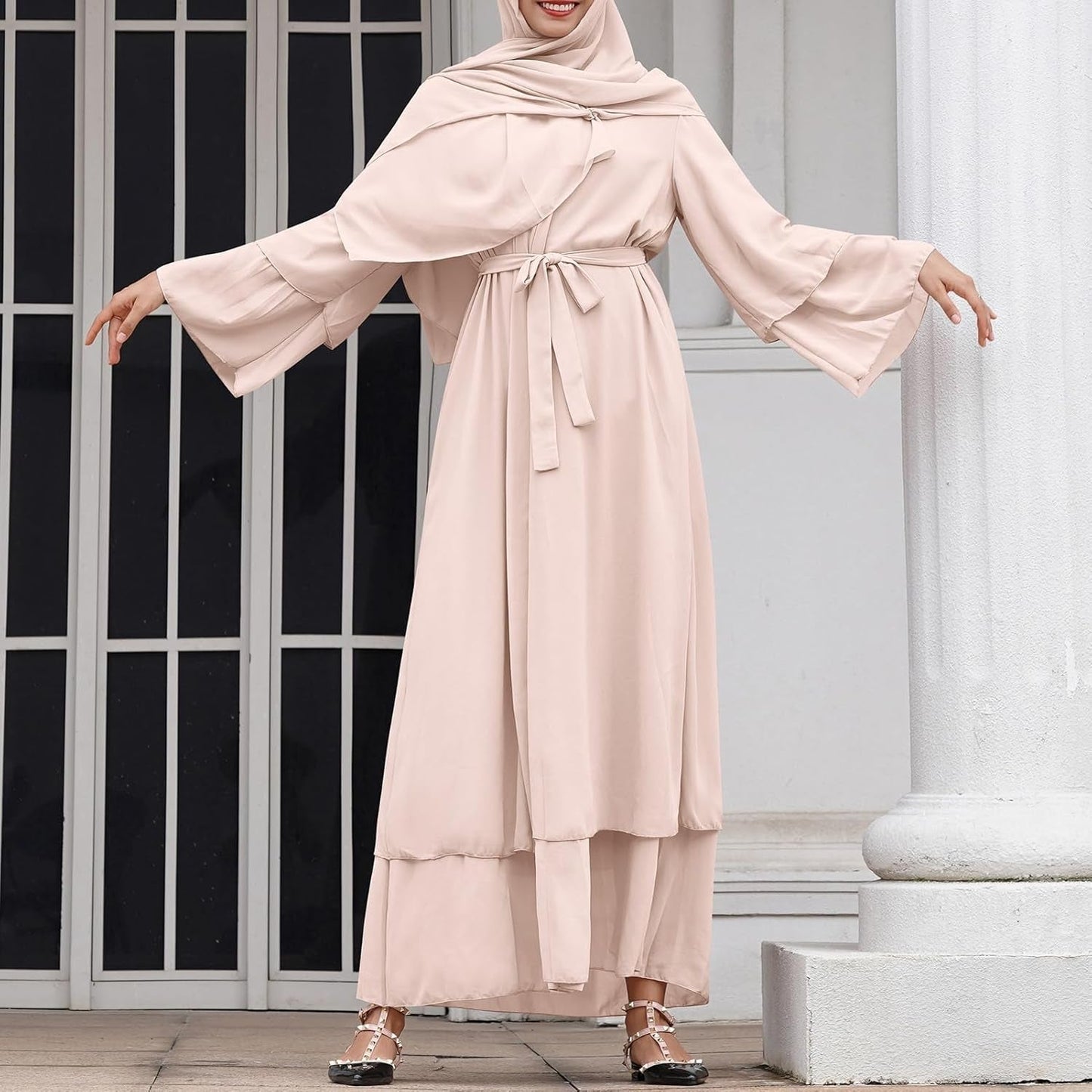 Abayas Muslim Dress for Women Long Sleeve Islamic Abaya Eid Dubai Kaftan Dresses Middle East Prayer Dress Chiffon Robe - WORLD TIME VISITS