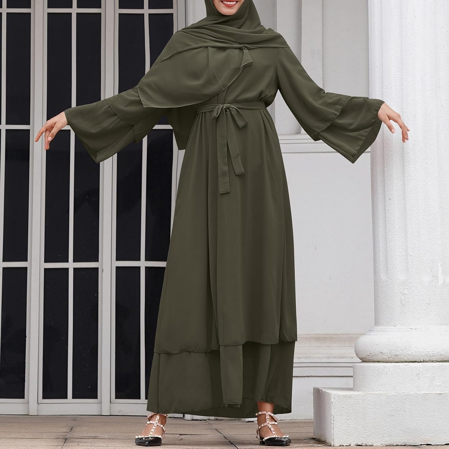 Abayas Muslim Dress for Women Long Sleeve Islamic Abaya Eid Dubai Kaftan Dresses Middle East Prayer Dress Chiffon Robe - WORLD TIME VISITS