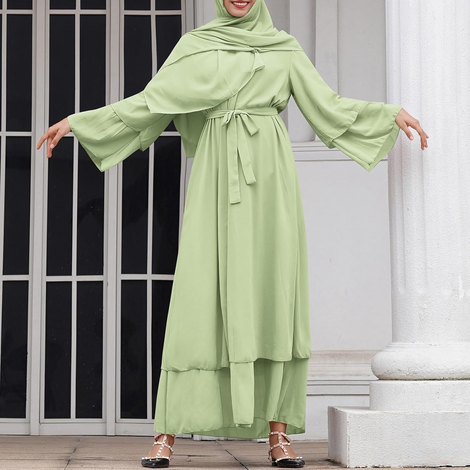 Abayas Muslim Dress for Women Long Sleeve Islamic Abaya Eid Dubai Kaftan Dresses Middle East Prayer Dress Chiffon Robe - WORLD TIME VISITS