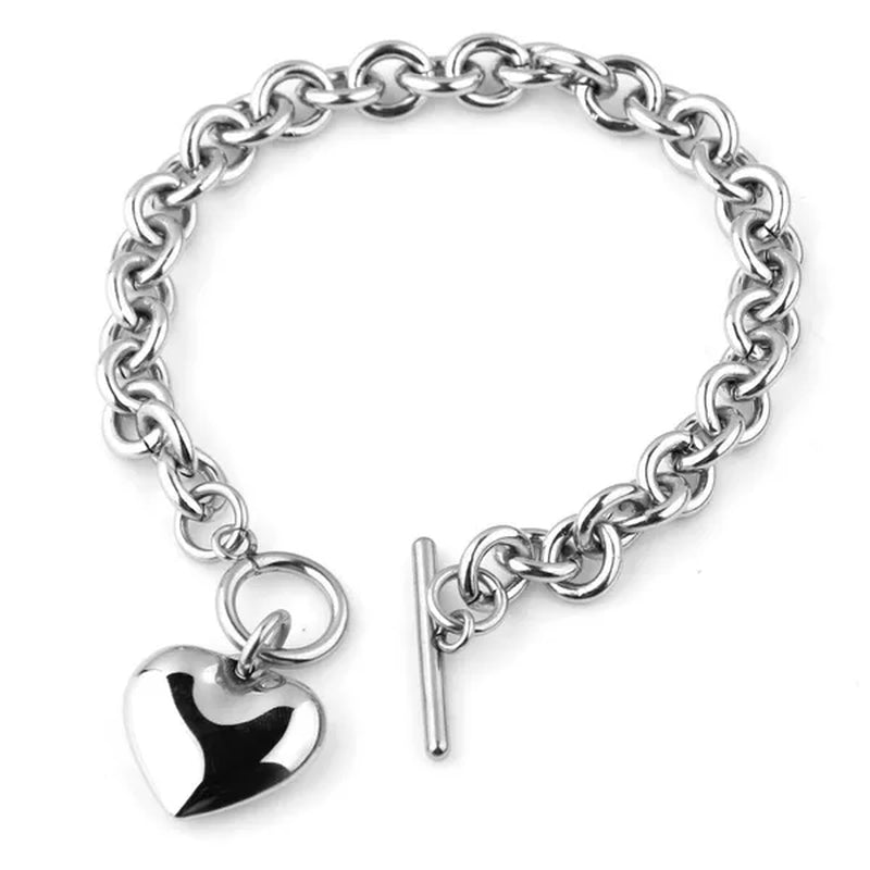 Trendry Women'S Heart Pendant Set Silver Stainless Steel Jewelry Set Chain Necklace Bracelet Oval Chain