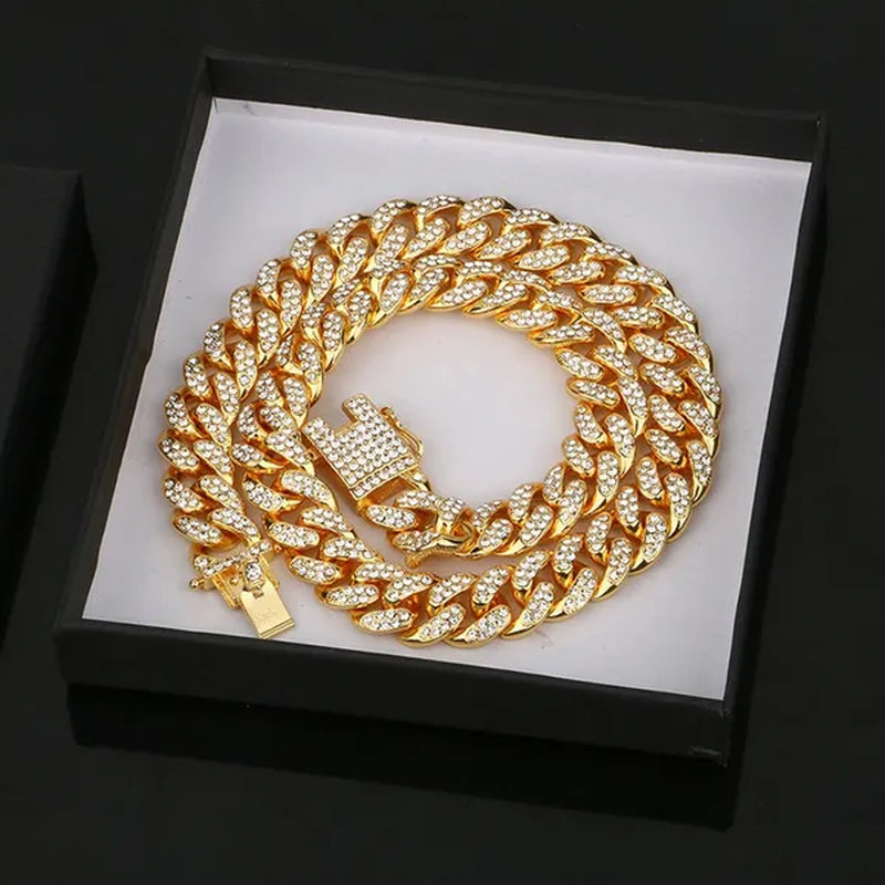 Men's Hip Hop Iced Out Paved Rhinestones 13MM Gold/Silver/Rose Gold Full Miami Curb Cuban Chain Bling Necklace Bracelet Set Jewelry Gifts