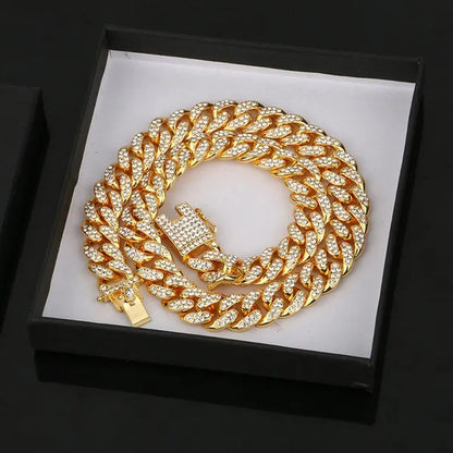 Men's Hip Hop Iced Out Paved Rhinestones 13MM Gold/Silver/Rose Gold Full Miami Curb Cuban Chain Bling Necklace Bracelet Set Jewelry Gifts