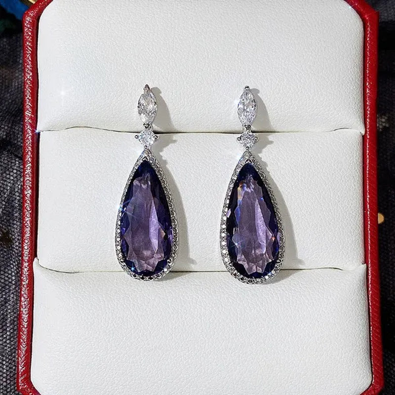 Gorgeous Teardrop Amethyst Gemstone Dangle Earrings for Women Noble 925 Sterling Silver Earrings Party Vintage Jewelry