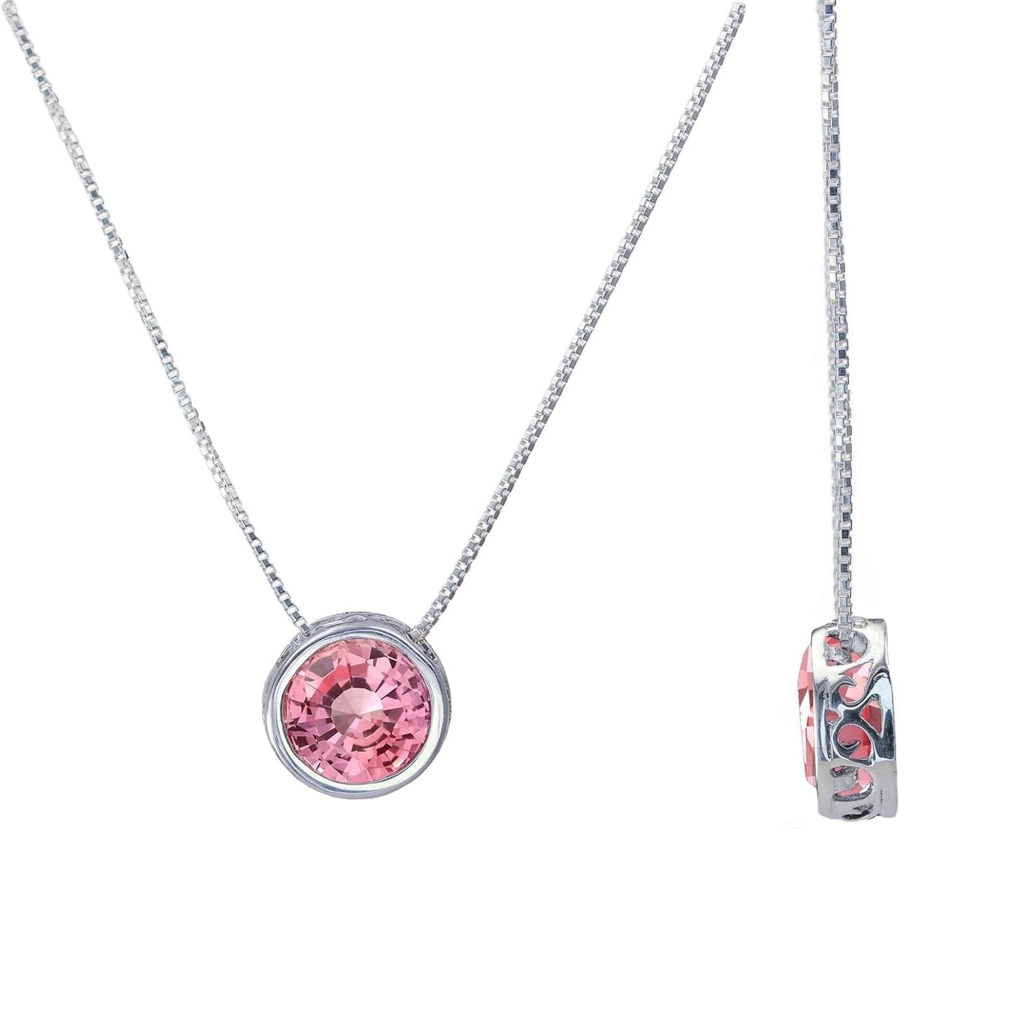 Silver Pink Sapphire Necklace, Slider Solitaire Gemstone Pendant with 16" Box Chain; Pink Sapphire Birthstone Pendant Gemstone for Women by Lotus Stone Design (16, Pink Sapphire)