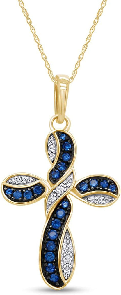 round Simulated Blue Sapphire & White Cubic Zirconia Cross Pendant Necklace in 14K Gold over Sterling Silver 18" Chain - WORLD TIME VISITS