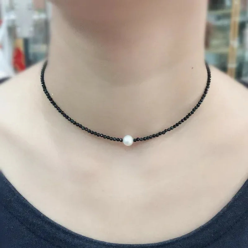 Real Black Spinel 2Mm&Freshwater Pearl Choker Necklace 925 Sterling Silver 17.5Inch