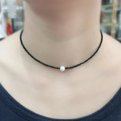 Real Black Spinel 2Mm&Freshwater Pearl Choker Necklace 925 Sterling Silver 17.5Inch