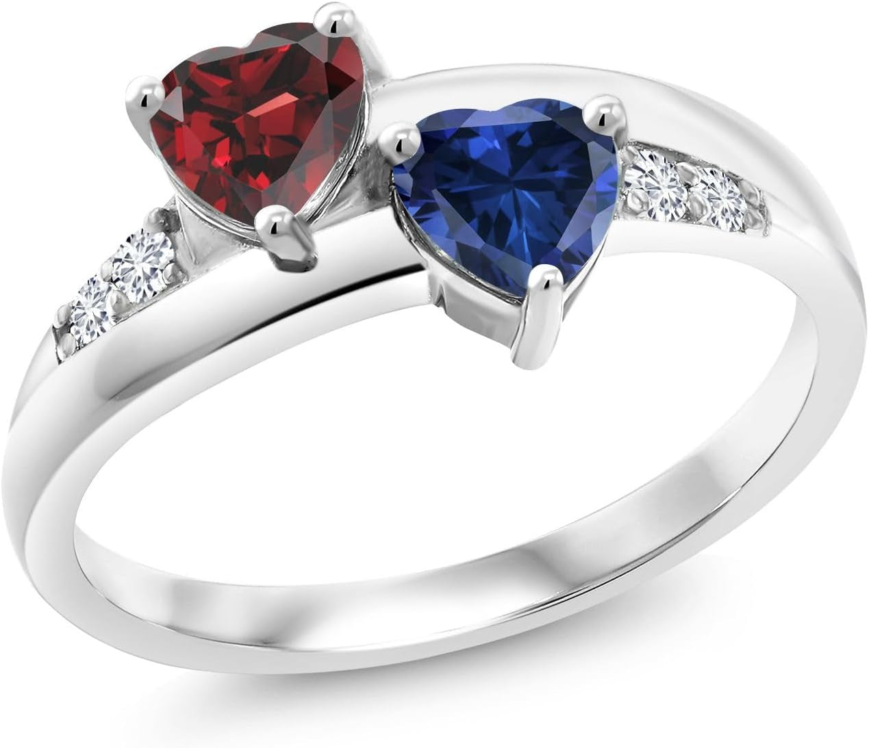 925 Sterling Silver Red Garnet and Blue Created Sapphire and Lab Grown Diamond Women Engagement Ring (1.24 Cttw. Heart Shape 5MM, Available in Size 5, 6, 7, 8, 9) - WORLD TIME VISITS
