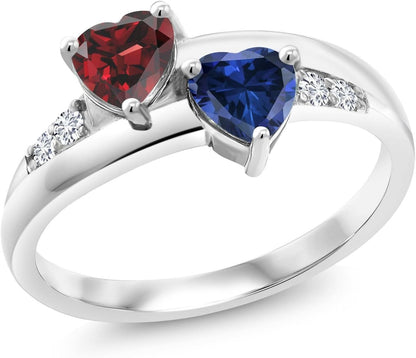 925 Sterling Silver Red Garnet and Blue Created Sapphire and Lab Grown Diamond Women Engagement Ring (1.24 Cttw. Heart Shape 5MM, Available in Size 5, 6, 7, 8, 9) - WORLD TIME VISITS