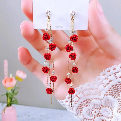 New Exquisite Women's Fashion S925 Silver Needle Diamond Rose Long Tassel Earring Jewelry Gift