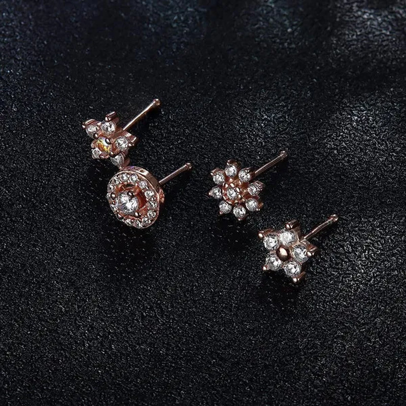 4-piece 925 Sterling Silver Women's Nose Nail 20G Nose Nail Inlaid with Cubic Zirconia Lovely Flower Star Shaped Nose Ring L-shaped Screw Rose Gold Nose Ring Anti Allergic Nose Jewelry