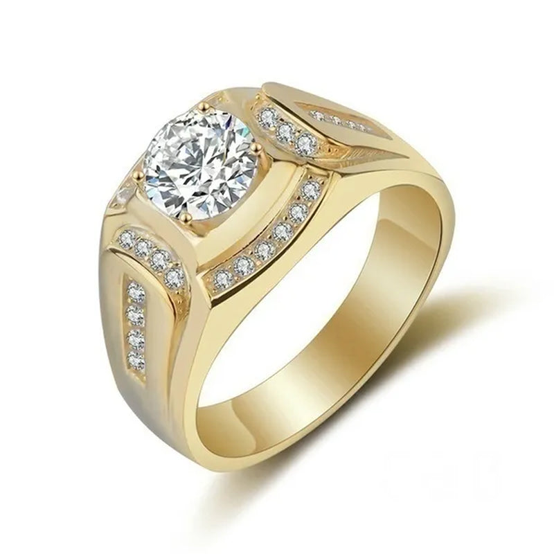Gold Plated Ring Austrian Cubic Zirconia CZ 925 Sterling Silver Wedding Band Size 7-13 Men's Gifts Ideas Husband Jewelry Ring
