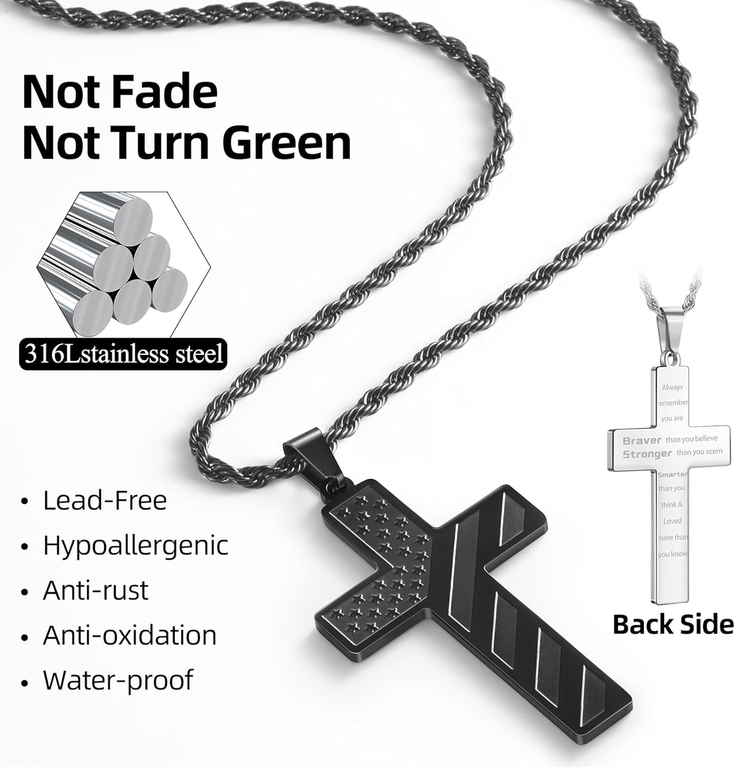 2Pcs Valentines Day Gifts Cross Necklace for Men Boys, Bible Verse Stainless Steel Silver Black American Flag Chains for Men Pendant Jewelry Box
