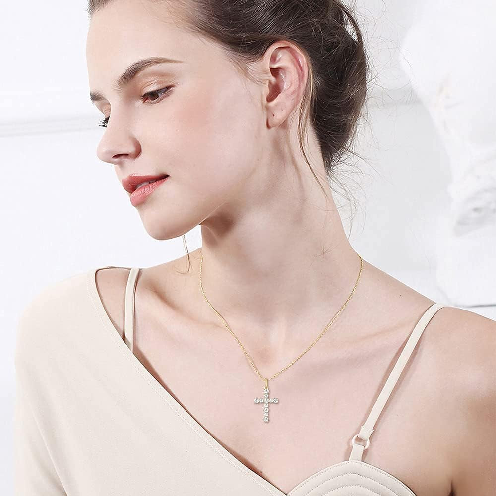 9K Solid Gold Cute Dainty Cross Pendant Necklace with White Sapphire Gemstone Fine Delicate Jewelry Mothers Day Gifts for Women, Moms - WORLD TIME VISITS