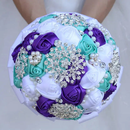20CM Mixed Color Silk Ribbon Rose Wedding Flower Bouquet Luxury Pearl Crystal Brooch Bridal Bouquet Handmade Creative Bridesmaid Holding Flowers