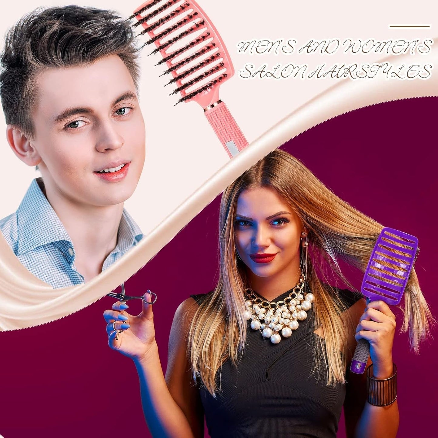 6 Pack Boar Bristle Hair Brushes Curved and Vented Hairbrush Detangler Curved Hair Brushes for Women Detangling Comb for Men Long Wet Dry Thick Curly Blowing Hair Accessories, 6 Colors