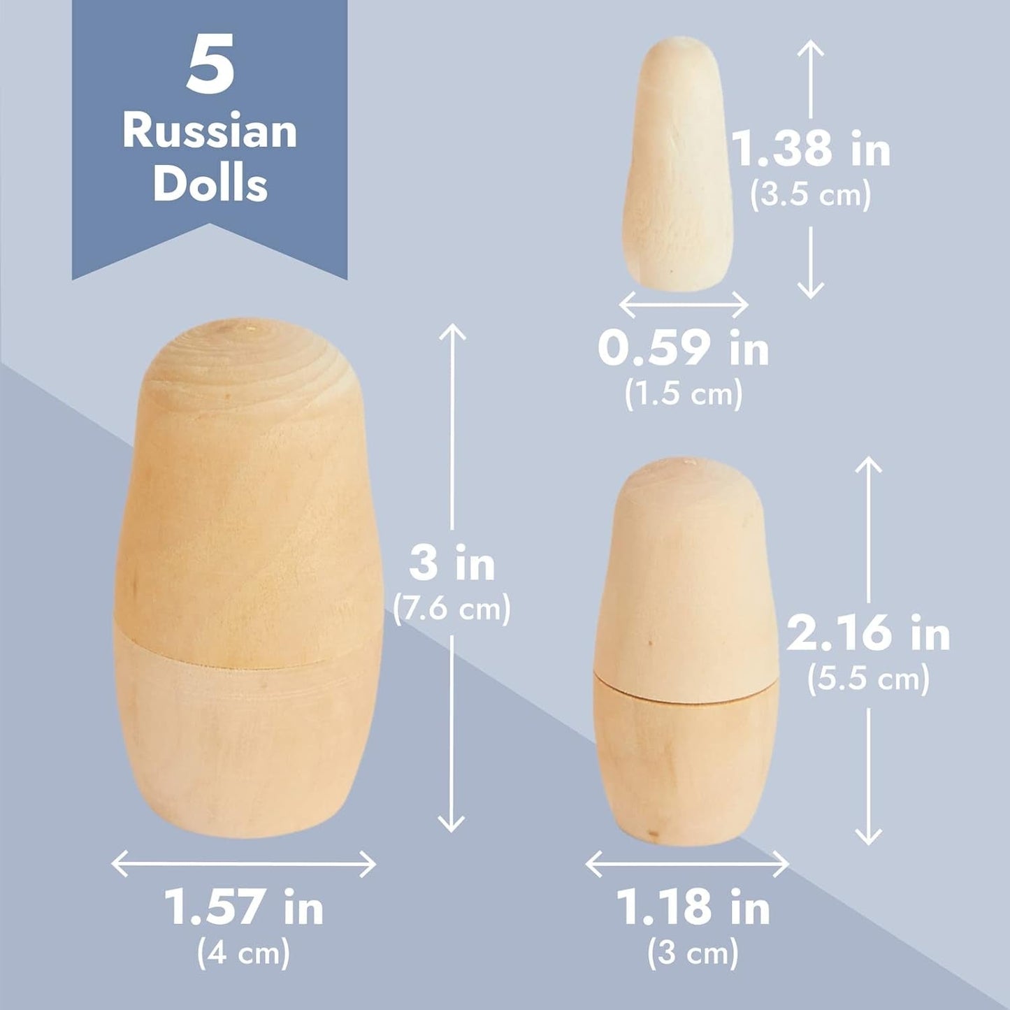 5 Piece Set of Unpainted Blank Russian Nesting Dolls for DIY Crafts, Art Projects