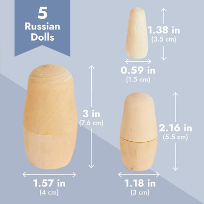 5 Piece Set of Unpainted Blank Russian Nesting Dolls for DIY Crafts, Art Projects
