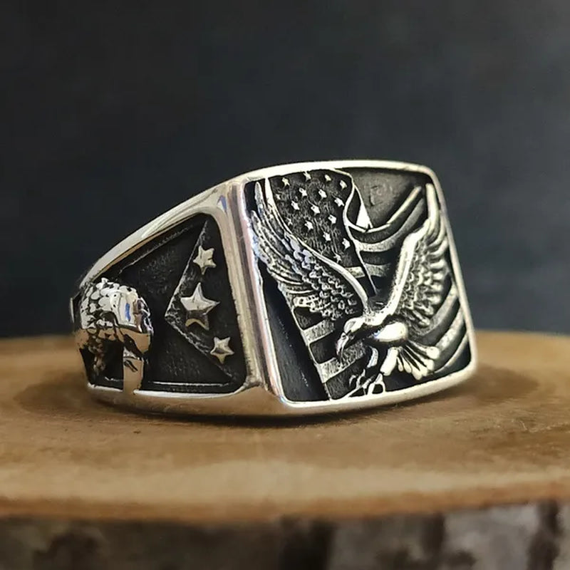 American ring, American Flag Ring, Bald Eagle Figured American Patriot Silver Men's Ring, Handmade 925k Sterling Silver Ring Gift for him,