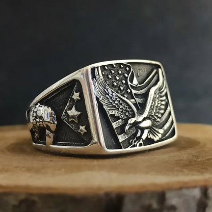 American ring, American Flag Ring, Bald Eagle Figured American Patriot Silver Men's Ring, Handmade 925k Sterling Silver Ring Gift for him,