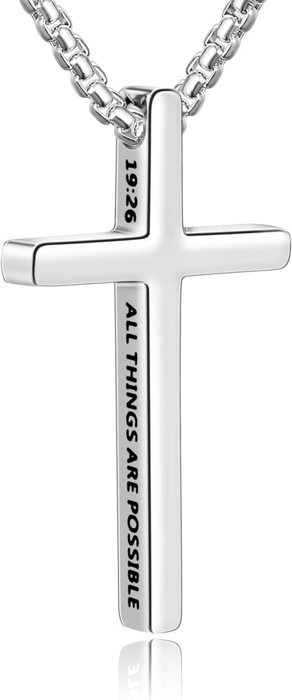Cross Necklace for Men, Inspirational Bible Verse Cross Chain for Men, Stainless Steel Box Necklace, Religious Christian Jewelry Gift