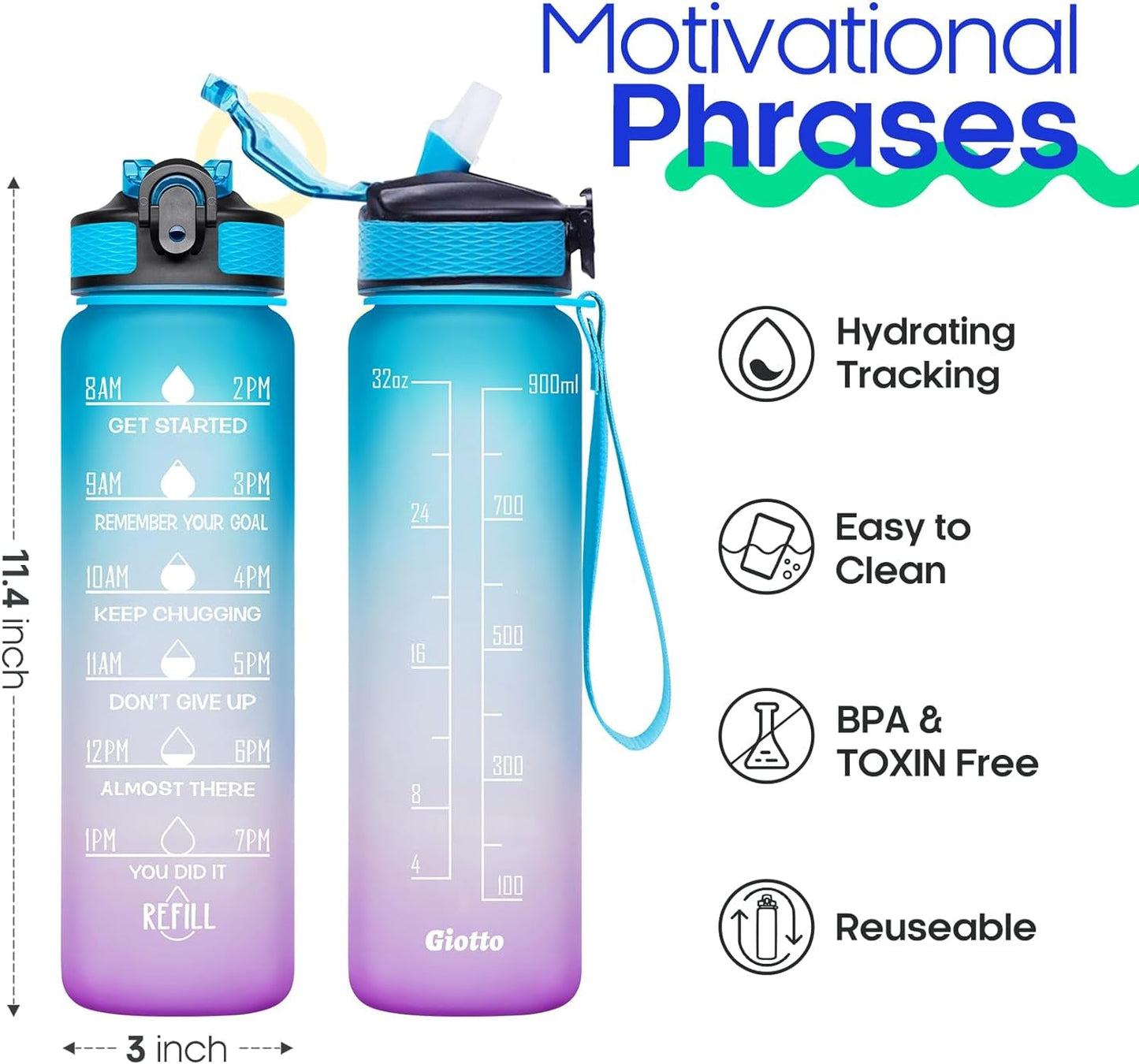 32Oz Large Leakproof BPA Free Drinking Water Bottle with Time Marker and Straw to Ensure You Drink Enough Water Throughout the Day for Fitness and Outdoor Enthusiasts