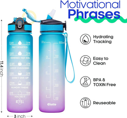 32Oz Large Leakproof BPA Free Drinking Water Bottle with Time Marker and Straw to Ensure You Drink Enough Water Throughout the Day for Fitness and Outdoor Enthusiasts