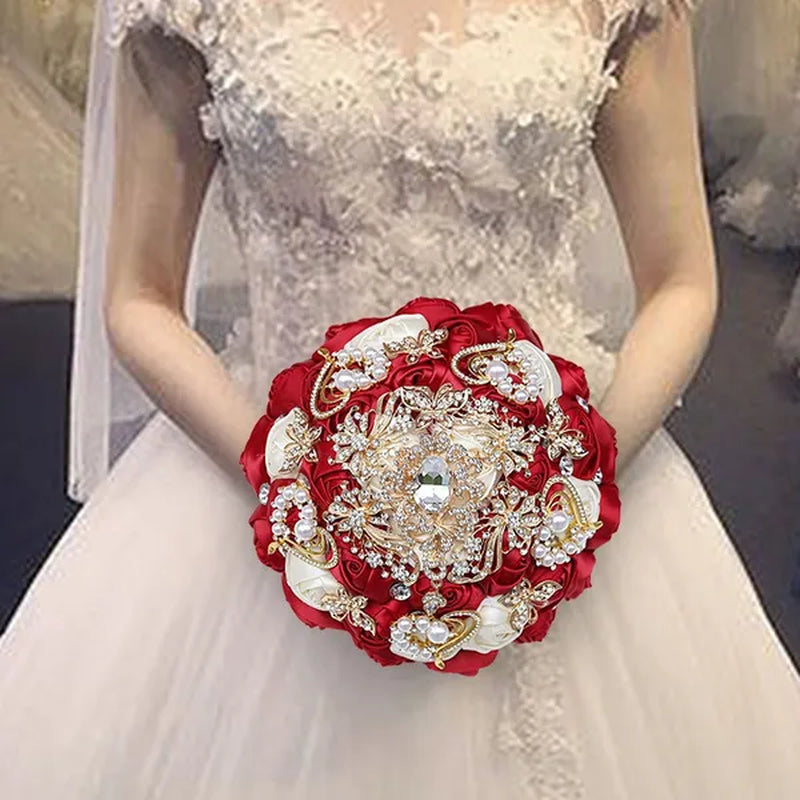 8 Inch Wine Red & Milk White Bridal  Bouquets Artificial Satin Rose Gold Diamond Brooch Bride Holding Flowers Party Valentine Bouquet