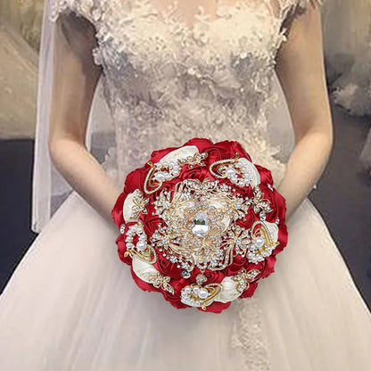 8 Inch Wine Red & Milk White Bridal  Bouquets Artificial Satin Rose Gold Diamond Brooch Bride Holding Flowers Party Valentine Bouquet