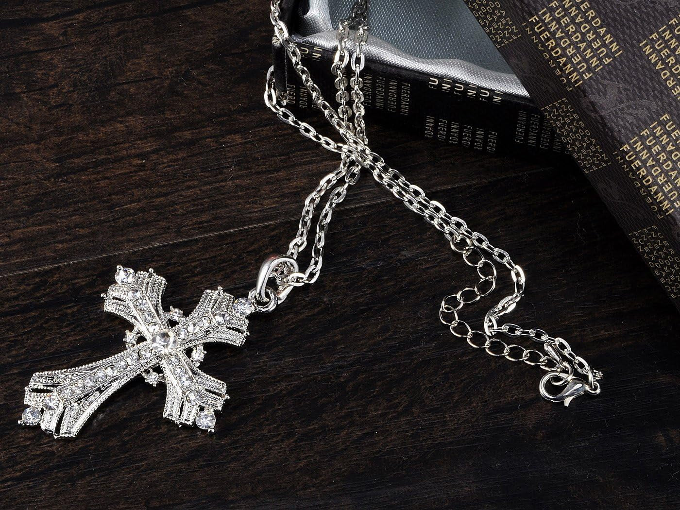 Silvery Tone Religious Cross Pendant Necklace W/Aquamarine Blue or Clear Crystal Rhinestones - WORLD TIME VISITS
