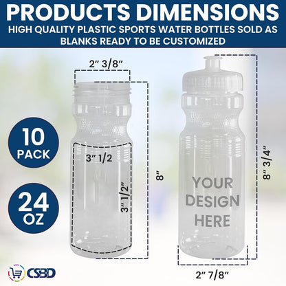 24 Oz. Bulk Water Bottles, 10 Pack, Made in USA, Blank Plastic Reusable Water Bottles for Gym, Cycling, BPA Free, Plastic Water Bottles Pull Top Cap for Sports, Clear