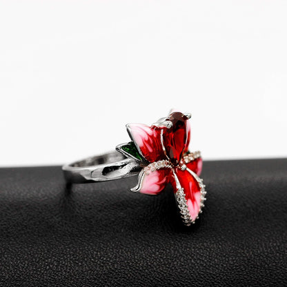 Beautiful Red Enamel Rose Ring for Women Blossom Flower Rings with Pear Cut Cubic Zirconia Cocktail Summer Ring RA627