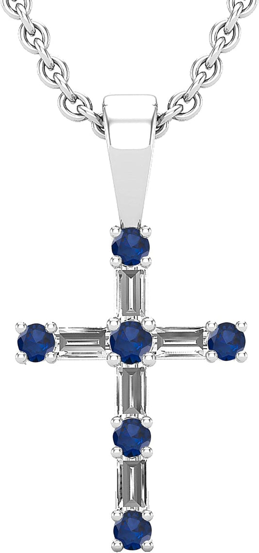 round Gemstone & Baguette White Diamond Ladies Cross Religious Pendant (Silver Chain Included), Available in Various Gemstones & Metal in 10K/14K/18K Gold & 925 Sterling Silver