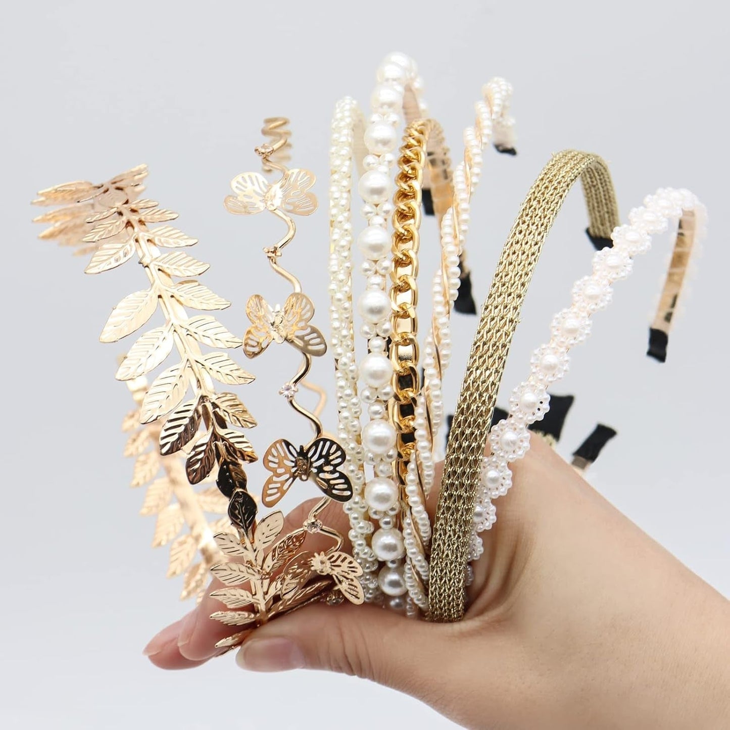 8 PCS Headbands for Women Girls, Gold Pearls Headband Metal Butterfly Flower Head Bands, Bridal Wedding Hair Accessories for Women