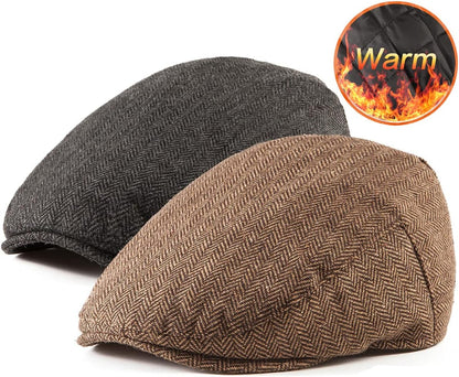 2Pack Adjustable Newsboy Hats for Men Flat Cap Irish Cabbie Wool Blend Tweed
