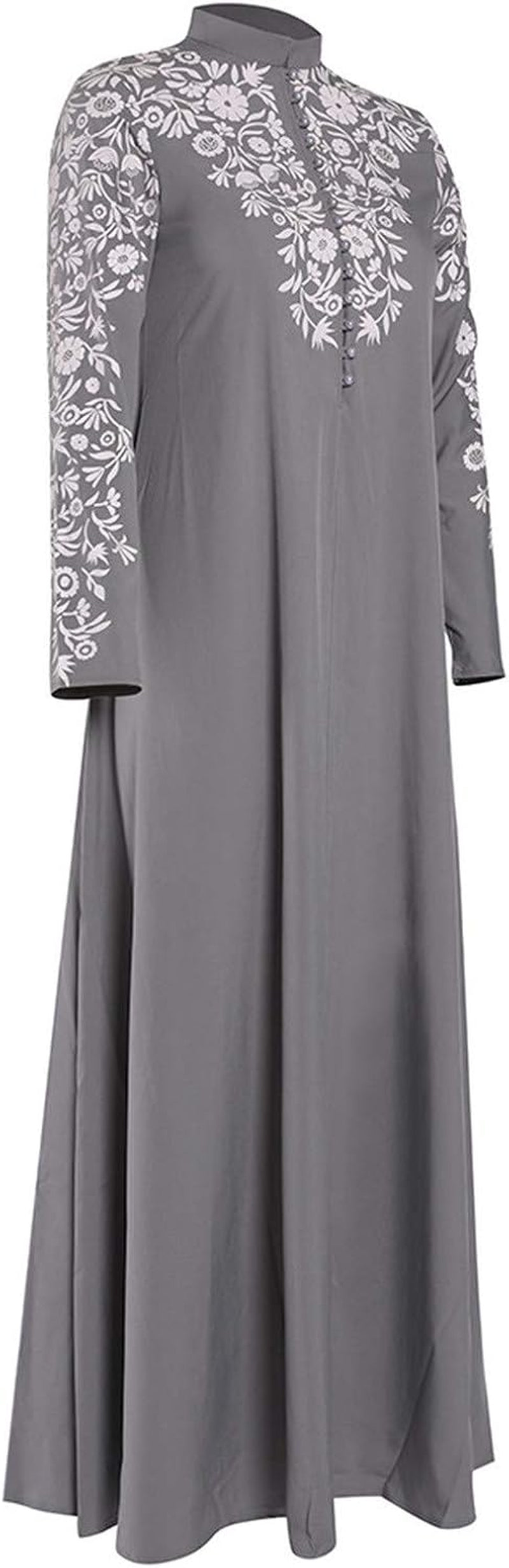 Abayas for Women Muslim Chiffon Prayer Robe Burkas for Women Muslim Dress Vintage Printed Full Length Islamic Abaya Set Long Sleeve Flowy Abaya Dubai Islam Robe African Turkey Caftan Grey XL